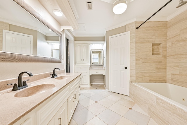 bathroom featuring tile patterned floors, ornamental molding, tiled shower / bath combo, and vanity