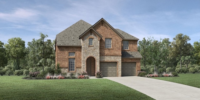 view of front of property with stone siding, brick siding, a front lawn, and driveway