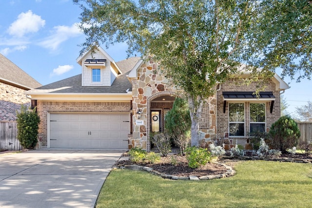 view of front of house featuring a garage, a front lawn, and a porch