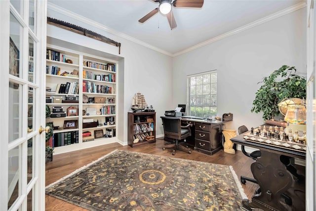 office area featuring crown molding, hardwood / wood-style floors, ceiling fan, and french doors