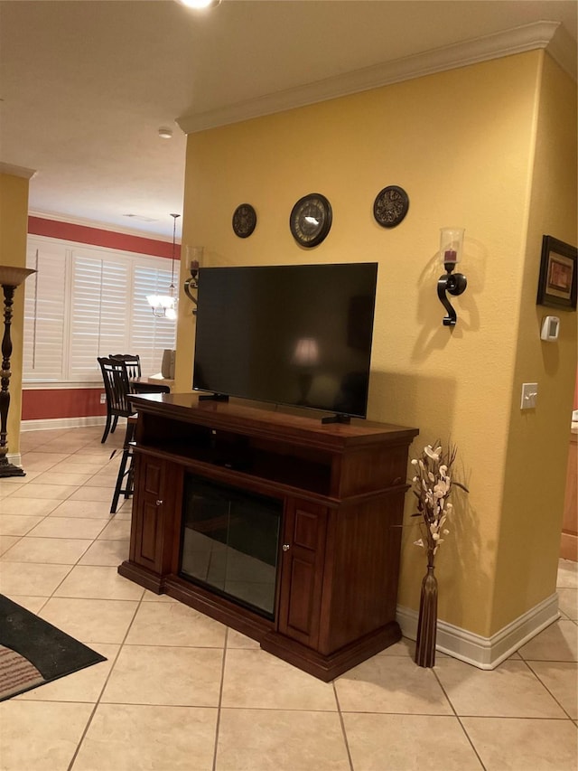 tiled living room with ornamental molding