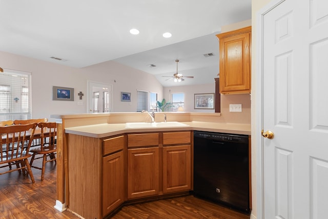 16527 Nassau Way, Jamaica Beach, TX 77554 - kitchen featuring visible vents, a peninsula, dishwasher, a sink, and dark wood-style floors