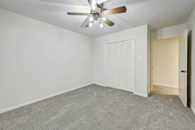 unfurnished bedroom featuring a closet, ceiling fan, and carpet