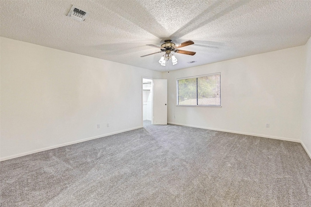 unfurnished room with carpet floors, a textured ceiling, and ceiling fan