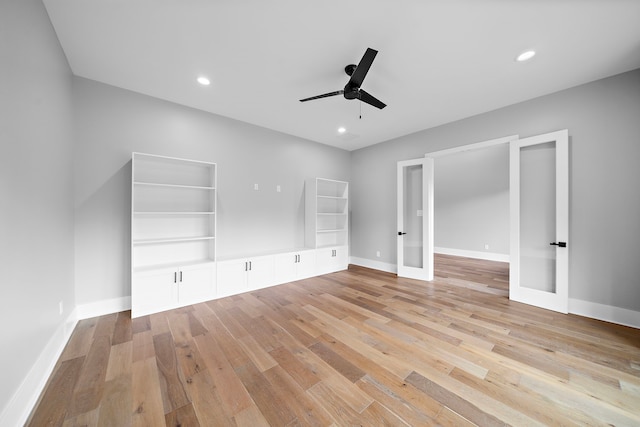 unfurnished bedroom with french doors, ceiling fan, and light hardwood / wood-style floors