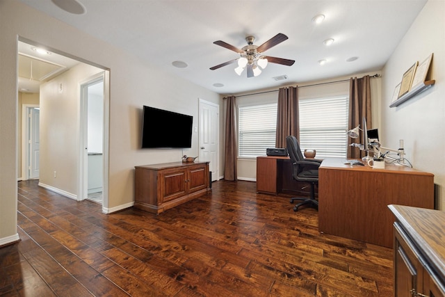 office featuring dark wood-type flooring and ceiling fan