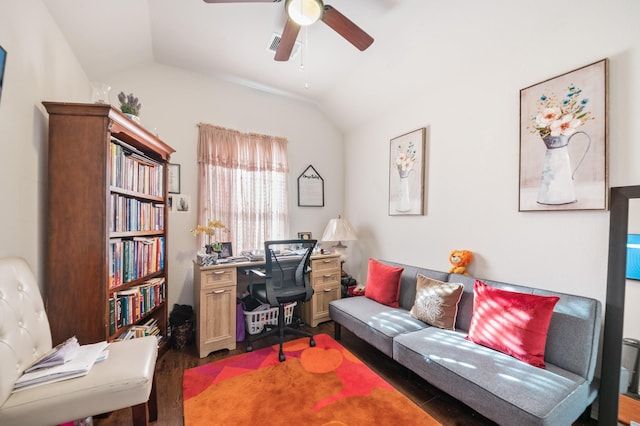 office space featuring ceiling fan, lofted ceiling, and dark hardwood / wood-style floors