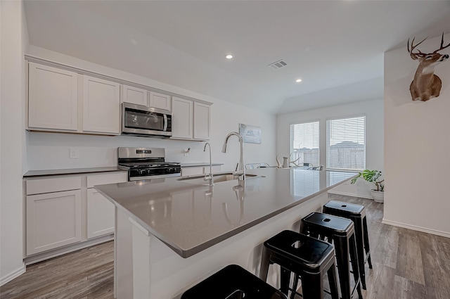 kitchen with stainless steel appliances, sink, a breakfast bar area, and a kitchen island with sink