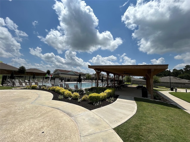 view of home's community with a pool and a patio