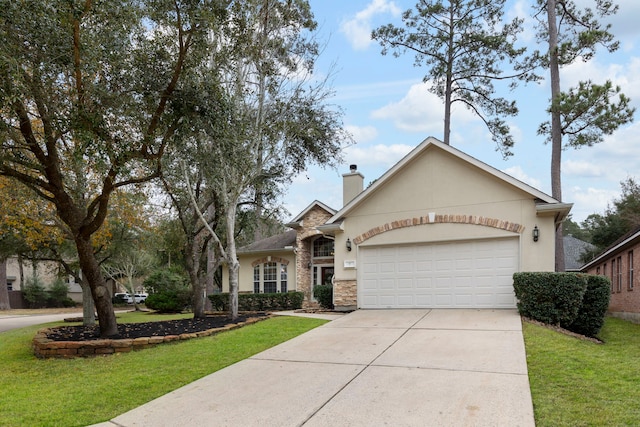 ranch-style house with a garage and a front lawn