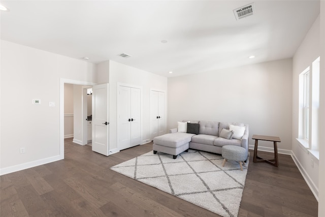 living room featuring dark wood-type flooring