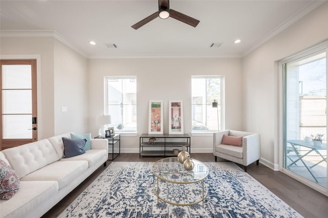 living room featuring dark wood-type flooring, ceiling fan, and ornamental molding