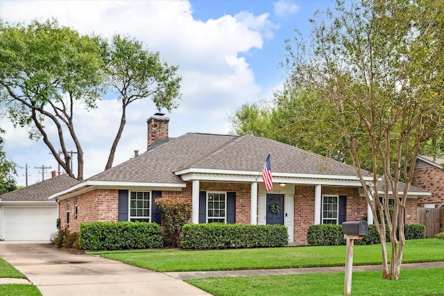 single story home featuring a garage and a front lawn