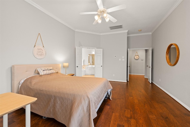 bedroom with crown molding, ceiling fan, connected bathroom, and dark hardwood / wood-style floors