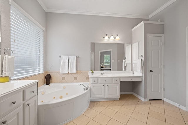 bathroom with ornamental molding, tile patterned flooring, vanity, and a washtub