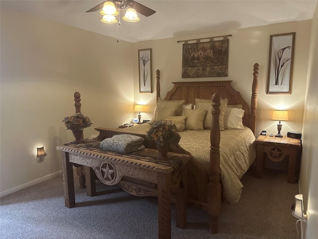 bedroom featuring carpet, baseboards, and a ceiling fan