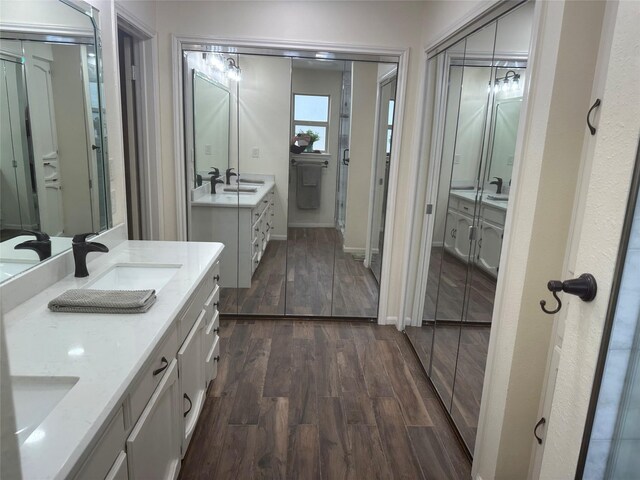 bathroom featuring two vanities, a sink, and wood finished floors