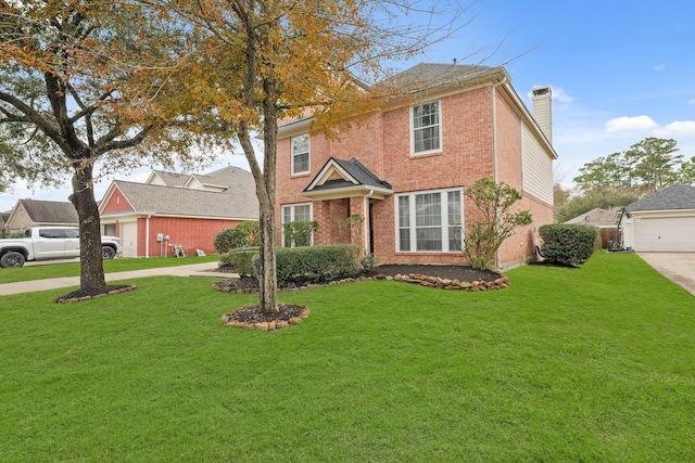 view of front of house with a front lawn, a chimney, and brick siding