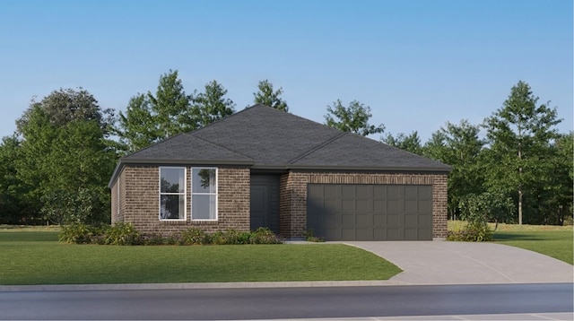 ranch-style home featuring a garage and a front yard