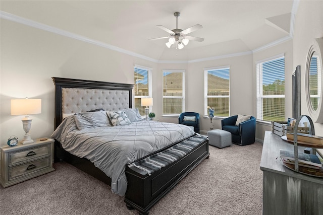 bedroom featuring crown molding, light colored carpet, and ceiling fan