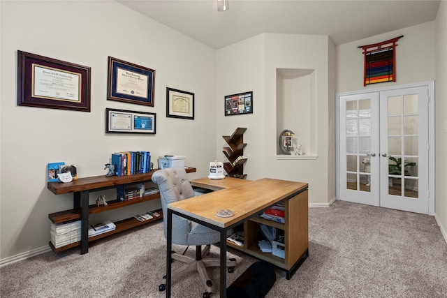 office space featuring french doors and carpet