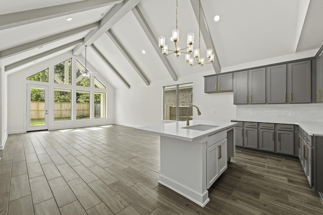 16651 Yaklin Meadow Ct, Humble, TX 77346 - kitchen featuring a sink, gray cabinetry, beamed ceiling, a chandelier, and decorative backsplash