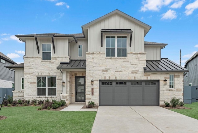 32602 Fly Fish Way, Fulshear, TX 77441 - view of front of property featuring stone siding, a standing seam roof, and a garage
