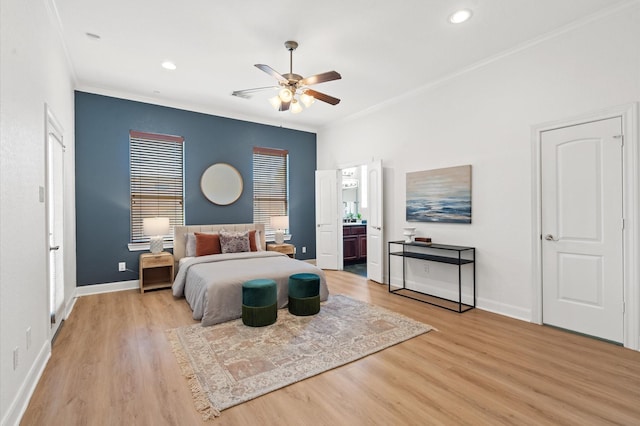 bedroom featuring ornamental molding, ceiling fan, and light hardwood / wood-style flooring