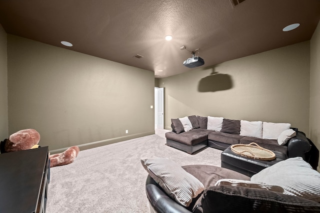 cinema with carpet floors and a textured ceiling