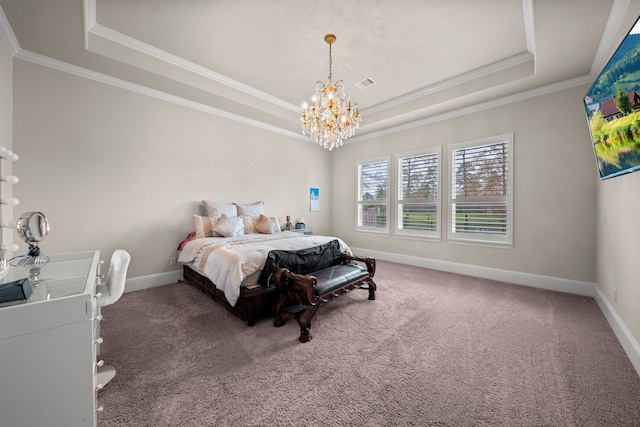 carpeted bedroom with crown molding, a raised ceiling, and a notable chandelier