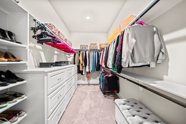 walk in closet with light carpet