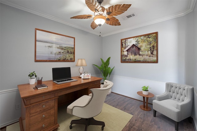 office with ornamental molding, dark wood-type flooring, and ceiling fan