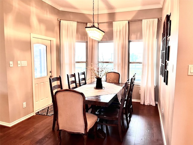 dining area with crown molding, dark wood-type flooring, and a healthy amount of sunlight