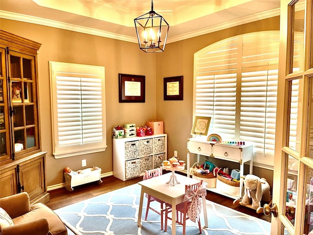 rec room featuring a chandelier, a healthy amount of sunlight, dark hardwood / wood-style flooring, and a raised ceiling