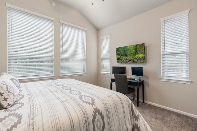 bedroom featuring multiple windows, vaulted ceiling, and carpet