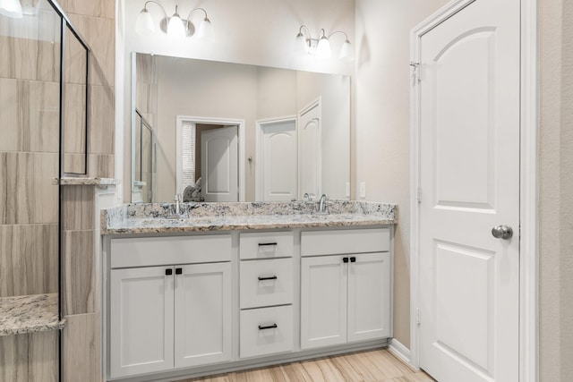 bathroom featuring vanity and a shower with shower door