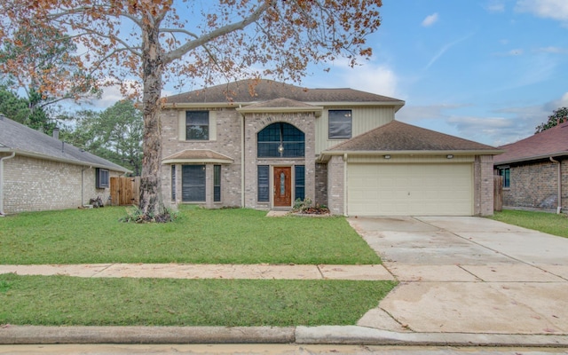 front facade with a garage and a front lawn