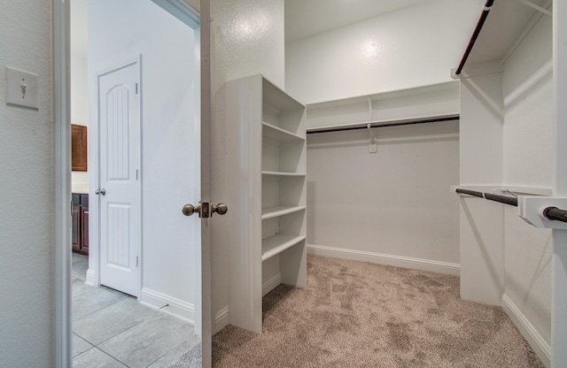 spacious closet featuring light colored carpet