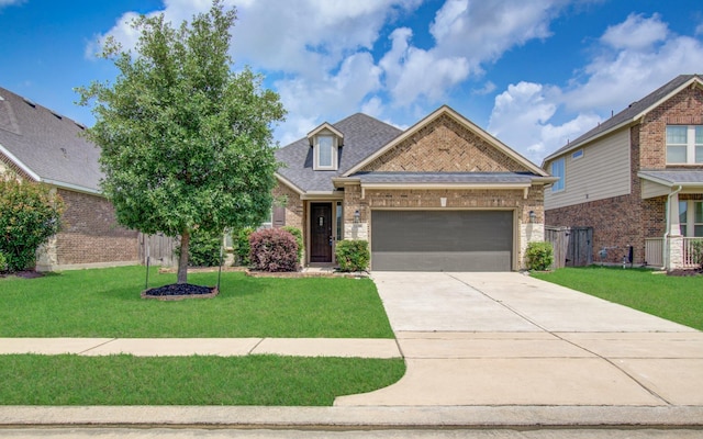 view of front facade with a garage, brick siding, fence, a front lawn, and concrete driveway