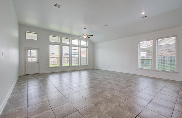 unfurnished living room featuring ceiling fan, visible vents, plenty of natural light, and baseboards
