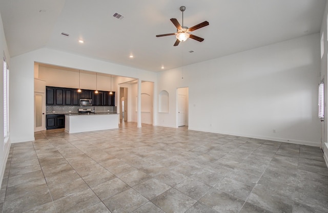 unfurnished living room with recessed lighting, ceiling fan, visible vents, and high vaulted ceiling