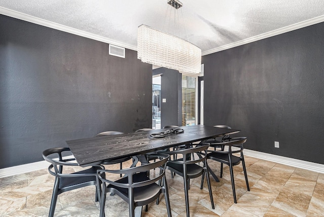 dining space with crown molding and a textured ceiling