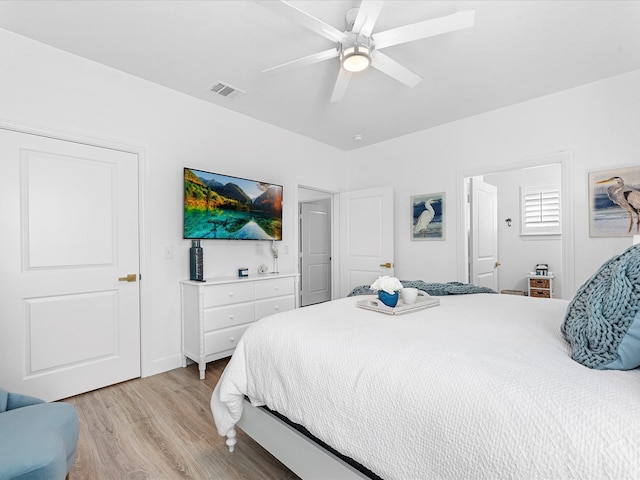 bedroom featuring ceiling fan and light wood-type flooring