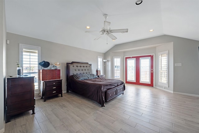 bedroom featuring access to exterior, vaulted ceiling, and ceiling fan