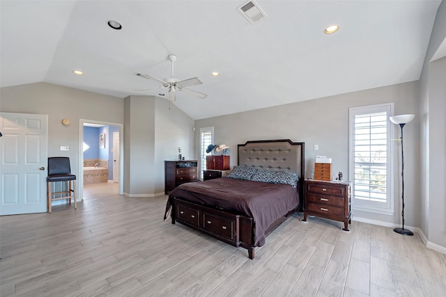 bedroom with multiple windows, ceiling fan, and light hardwood / wood-style flooring