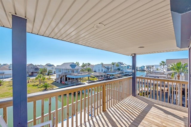 deck featuring a water view