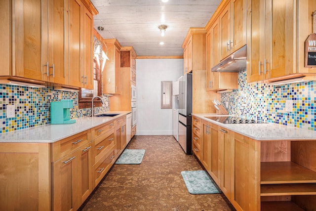 kitchen with sink, wooden ceiling, black electric cooktop, white oven, and backsplash