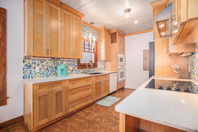 kitchen with sink, wood ceiling, white appliances, backsplash, and light stone countertops