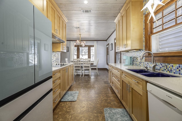 kitchen with sink, wood ceiling, hanging light fixtures, white dishwasher, and black electric cooktop