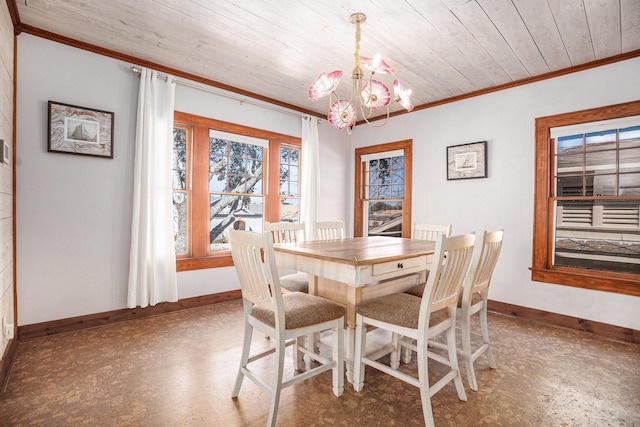 dining room with ornamental molding, a chandelier, and wood ceiling